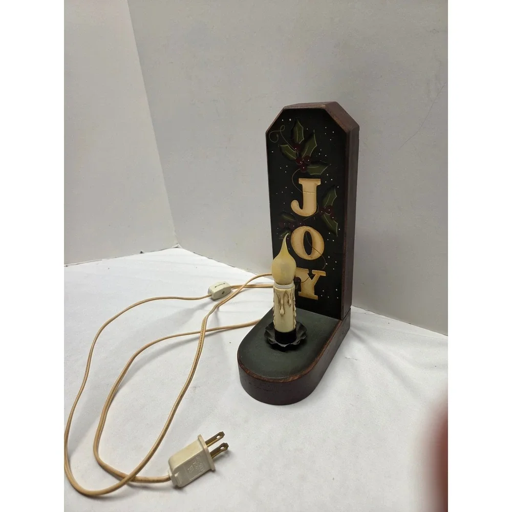 Vintage Primitive Wooden Christmas JOY Candle Lamp Rustic Holiday Decor Accent